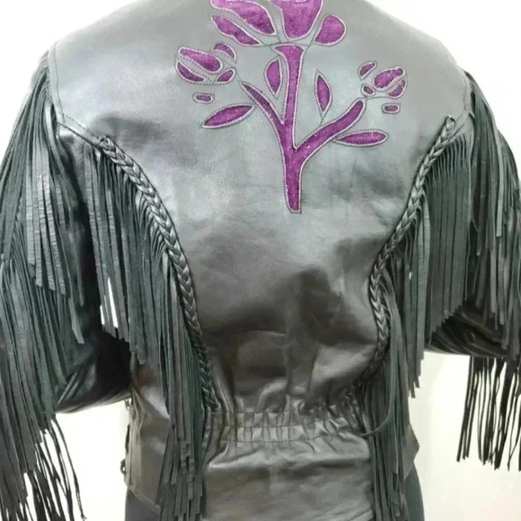Black Leather Vintage Western Fringe Jacket with Purple Embroidery – Medium - Picture 12 of 16